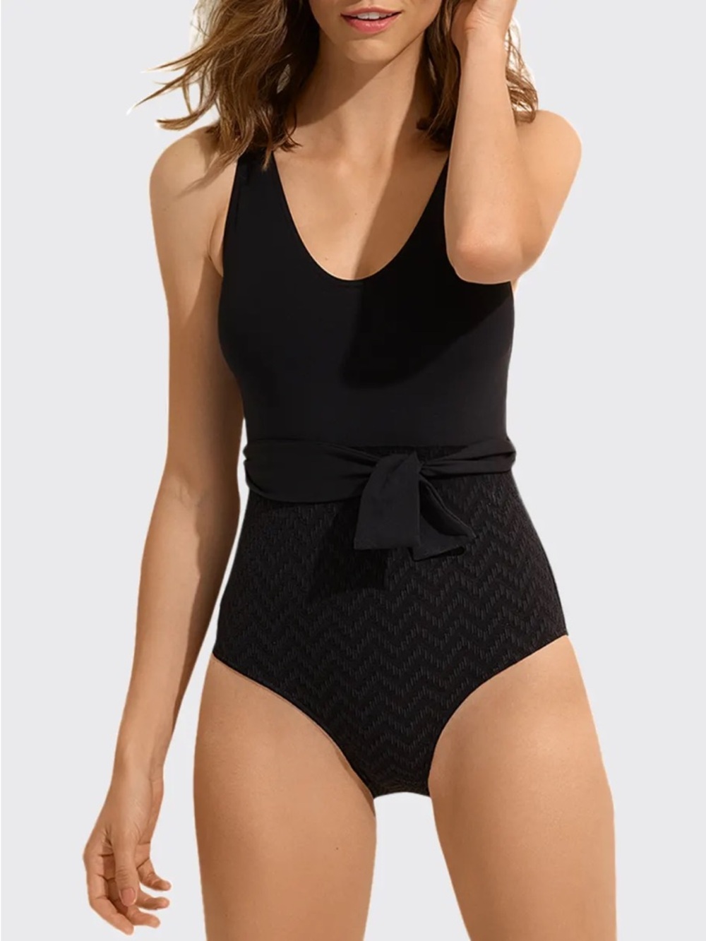 Eres Satin Scoop Neck Belted One Piece Swimsuit Chevron Jacquard FR40 US 8 NWT